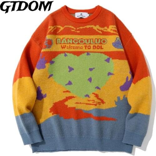 GTDOM 2021 Winter New Vintage Knitted Sweater Cotton Casual Loose Color Contrast Love Print O-Neck Long Sleeve Men Clothing
