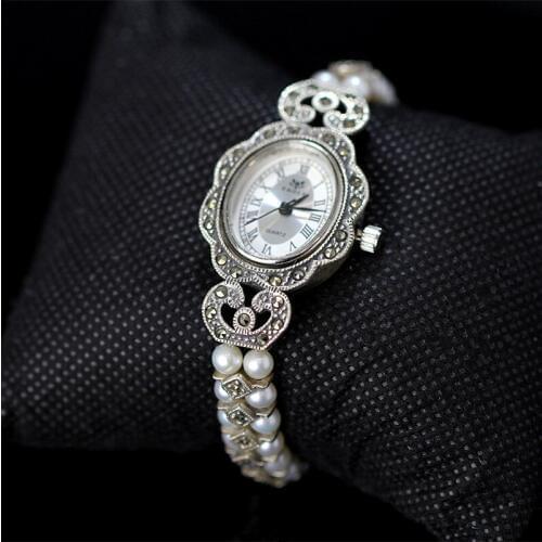 New Arrival Limited Edition S925 Pure Silver Watch Natural Pearls Lady Thai Silver Bracelet Fine Jewelry Rhinestone Bangle Watch
