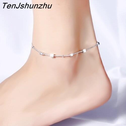 New 925 Sterling Silver Square Bead Charm Anklet Bracelet For Women Summer Jewelry