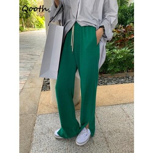 Qooth Solid Cotton Elastic Waist Straight Pants Womens Spring Autumn Sports Pants Loose High Waist Casual Wide Leg Pants QT931