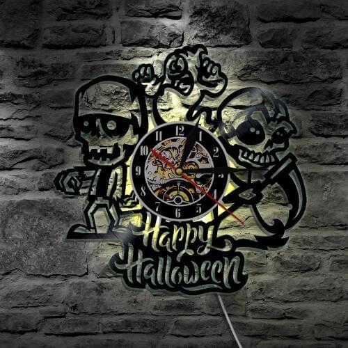 Happy Halloween Funny Skull Vinyl Record Wall Clock Skeleton Christmas Party Haunted House Decor Wall Art Hanging Night Light