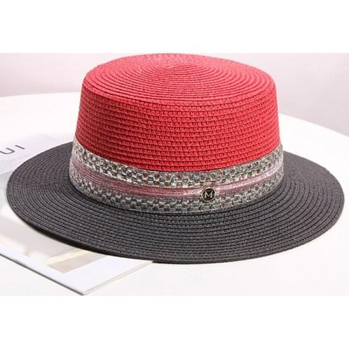 Elegant Color Matching Straw Hat Flat Top Temperament Beach Hat Lady Boater Sun Caps Panama Straw Fedora Womens Travel Sun Cap