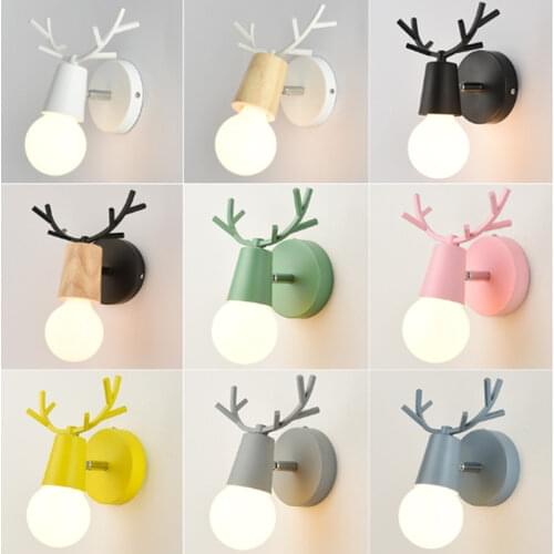 Macaron Nordic style creative bedroom wall simple modern bedside lamp antler wood wall lamp