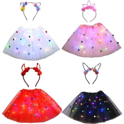 Glow Light Up Women Girl Princess Pompon Ball Tutu Skirt Clothing Party Headband Cat Fox Anime Costume Cosplay Devil Fancy Dress