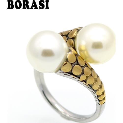 Spring New Arrival Hot High Quality Stainless Steel Vintage Fashion Double Pearl Ring Gold Color For Women Party Jewelry