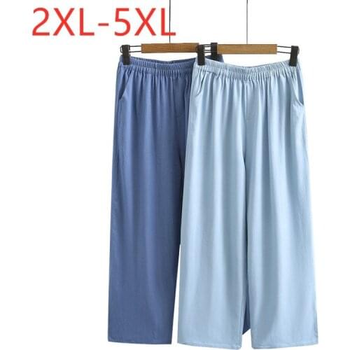New 2021 Ladies Summer Plus Size Long Pants For Women Large Loose Casual Tencel Wide Leg Blue Trousers 2XL 3XL 4XL 5XL