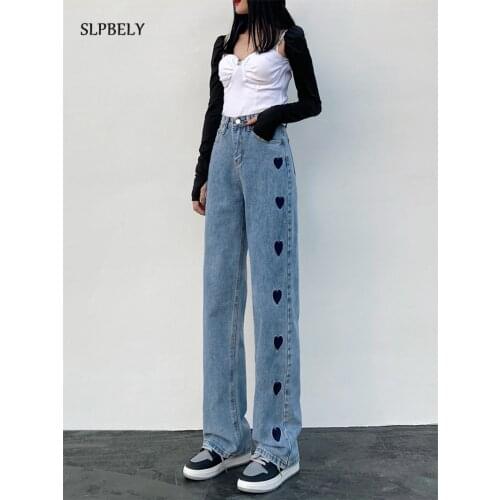 SLPBELY Woman High Waist Jeans Spring Summer Heart Printed Vintage Long Denim Pants Fashion Casual Straight Trousers Streetwear