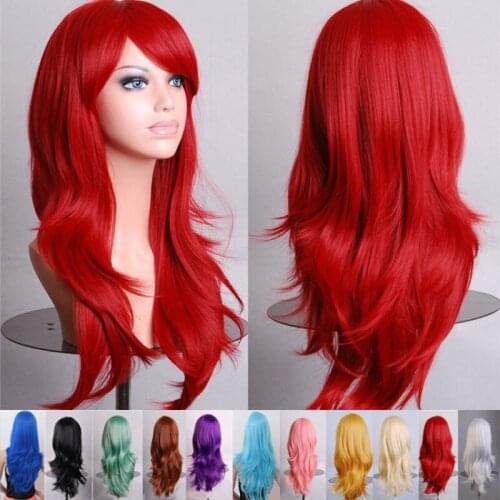 Womens Anime Cosplay Wigs Pink Red Blue Black 70cm Long Fluffy Curly Big Wave Hair Wigs For Girl Synthetic Cosplay Party Wigs