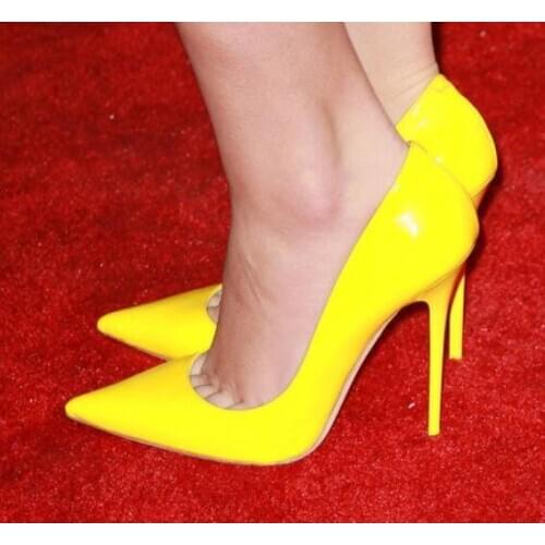Hot Selling Yellow Patent Leather Pump Shoes Women Pointed Toe Slip-on 10cm 12cm Stiletto Heel Pumps Wedding Bride Shoes