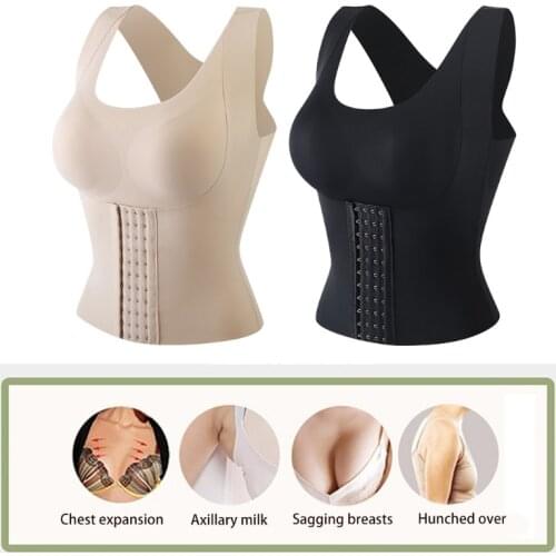 Women 4-In-1 Seanless Front Buckle Bra Wireless Push Up Padded Posture Corrector Tank Top Girdle Body Shaper Cross Back