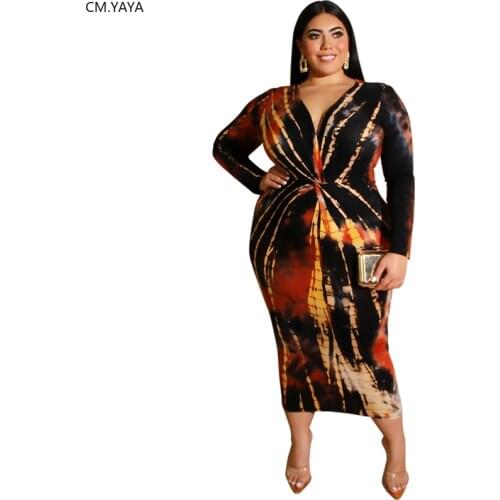 Women Autumn Winter Dress V Neck Full Sleeve Fashion Dress Tie Dye Print Casual Mid-Calf Sheath Dresses Plus Size XL-5XL 19425