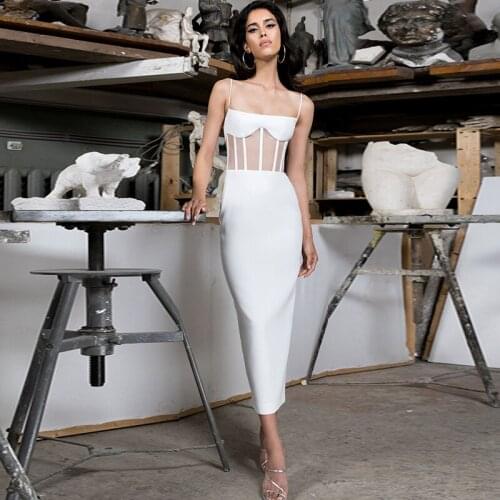 2020 Summer New WomenS Fashion Sexy White Black Spaghetti Strap Mesh Patchwork Split Bandage Dress Bodycon Club Party Dress