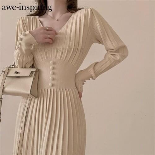 Knitted Dress Womens Autumn Winter 2021 New French Style Celebrity Temperament Vintage Slim Bottomed Dress Long Sleeve