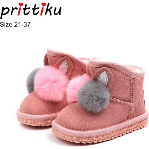 2020 Girls Bunny Pom-Poms Winter Snow Boots Baby/Toddler/Little/Big Kid Fashion Genuine Leather Faux Fur Lined Warm Shoes