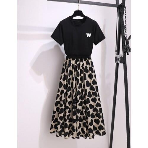 2021 New Summer Two-Piece Chiffon Skirt Casual Letter Embroidery Black Tee+Elastic waist Print Big Swing A-line Long Skirts sets