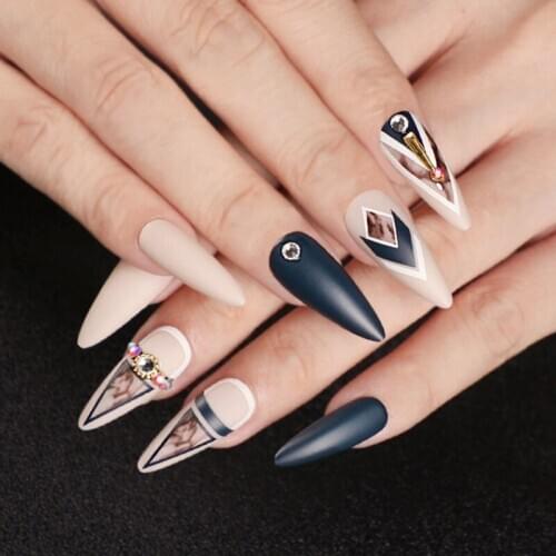24pcs Khaki Dye Matte Frosted Fake Nails Dark Blue Color Pointed Head Long Style Wearable ABS Resin Finished Fingernail tips