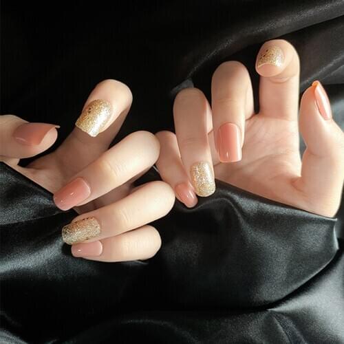 30pcs/Set Short Design Nude Pink False Nails Square Extra Thin Full Cover Glitter Fake Nails Beauty Artificial Nail Art Tools