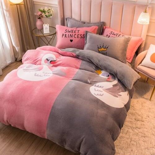 White swan couple milk cartoon coral velvet warm and comfortable velvet home textile quilt cover four-piece set