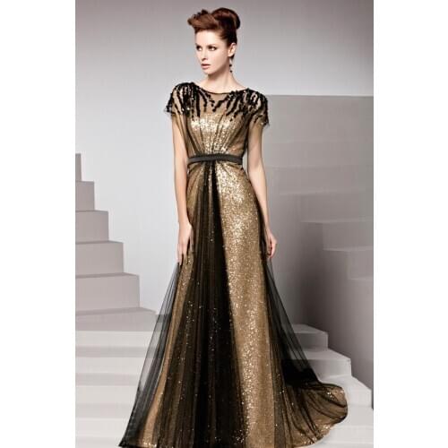 2015 Newest Short Sleeve Sequins Tulle Black and Gold Sparkling Evening Dress Party Gowns Custom Size 4 6 8 10 12 14 16 18+ E87