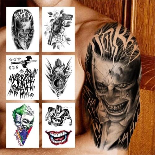 Large Black Clown Temporary Tattoo For Men Women Kids Boys Devil Pistol Flower Tattoos Sticker Mouth Fake Tatoos Halloween Party