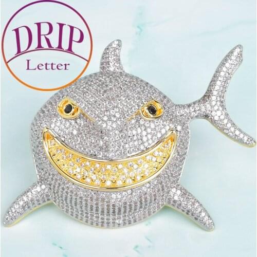 No Chain Full Zircon Shark Head Pendant Animal Necklace Charm Mens Hip Hop Gold Color Jewelry