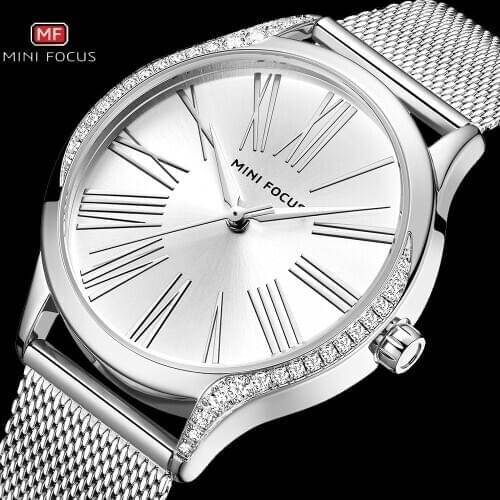 MINIFOCUS Classic Simple Iced Out Women Watch Waterproof Crystal Quartz Ladies Watches Top Brand Luxury Mesh Strap Female Clock