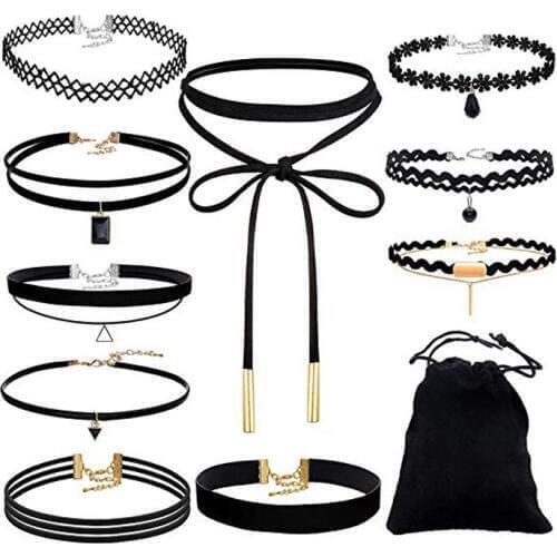 Black Velvet Choker Necklaces Rope with Storage Bag for Women Girls Pack of 10 Stretch Velvet Classic Gothic Tattoo Lace Choker
