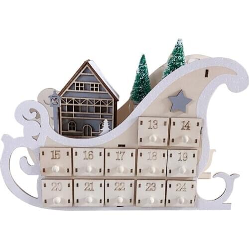 Tree House Sleigh Wooden Advent Calendar Countdown Christmas Party Decor 24 Drawers with LED Light