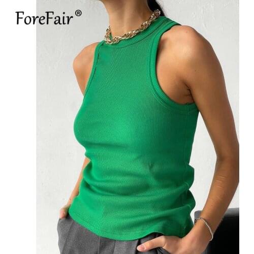 Forefair Ribbed Tank Summer Tops Woman Knitted Cotton Vest Club Streetstyle Basic Solid Green White Bodycon Sexy Crop Top Women