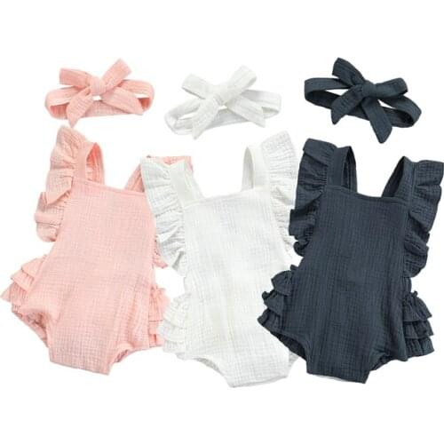 FOCUSNORM 0-18M Summer Infant Baby Girls Boys Rompers Solid Ruffles Short Sleeve Backless Jumpsuits Headband 2pcs