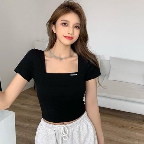 Korean Women\s Square Collar Slim Exposed Navel Short Sleeve T-Shirt Tops Casual