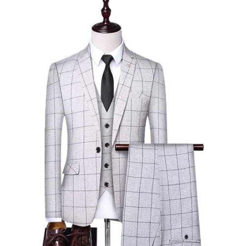 Men 3 Pieces Suit Spring Autumn Plaid Slim Fit Business Formal Casual Check Suits Office Work Party Prom Wedding Groom