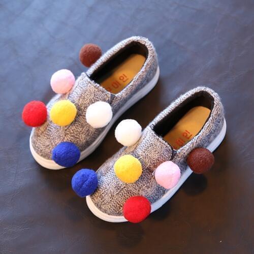 J Ghee Spring Autumn Girls Shoes Plush Ball Sweet Cute Kids Sneakers Knitted Woven Warm Winter Childrens Casual Shoes 3 Colors