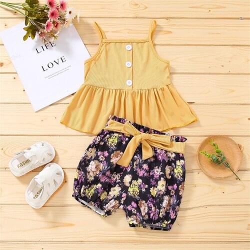 Summer Kawaii Baby Girl Clothes Purple Sleeveless Solid Suspender Tops+floral Shorts Outfits Casual Infant Clothing Sets