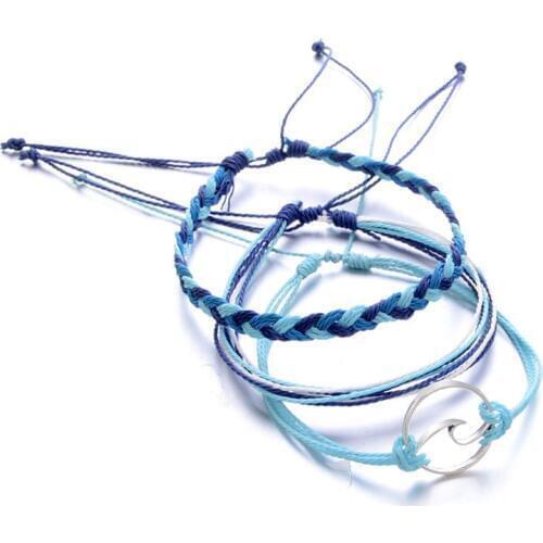 ANGELADY 3Pcs/set Friendship Handchain Handmade Waxed Cord Weave Multi-layer Beach Wave Bracelets Kit