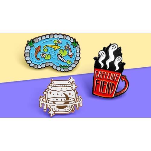 Cartoon Pool Ghost Coffee Cup Magic Earthen jar Enamel Pins Badges Fish Tank CAFFEINE FIEND Cup stars moon Magic jar Jewelry