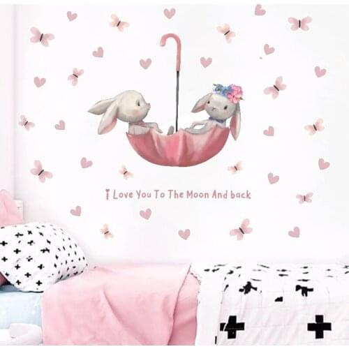 Cartoon Rabbit on The Umbrella Wall Stickers for Kids Rooms Decoration Children Room Bunny Decals Nursery Wallpaper