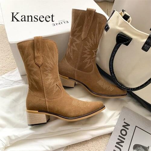 Kanseet 2021 Autumn Winter New Womens Boots Brown Pointed Toe Genuine Leather Mid Heels Boots Fashion Mid Calf Western Boots