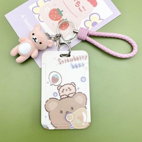 Cute Cartoon Flocking Bear ID Credit Bank Card Holder Student Keychain Bus Card Case Identity Badge Cover Women Men Pendants