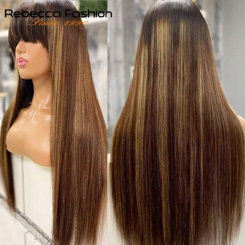 RebeccaStraight Ombre Human Hair Wigs For Women Full Wig With Bang Silk Brown Purple Highlight Machine Made Wig Remy 30inch