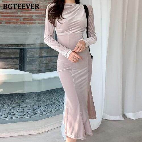 BGTEEVER Office Ladies Full Sleeve Bodycon Long Dress Elegant O-neck Female Mermaid Velvet Dress 2021 Spring Summer Vestidos