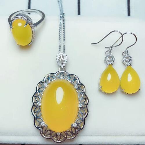 Fine Jewelry Natural 925 Silver Lnlaid Yellow Chalcedony Ring Pendant Earrings Sets Women Free Silve