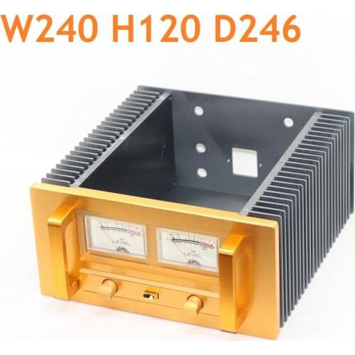 Heat Sink DIY Aluminum Rear Power Amplifier Housing Dual Channel VU Meter Decoding Enlcosure Gold Cabinet CaseW240 H120 D246
