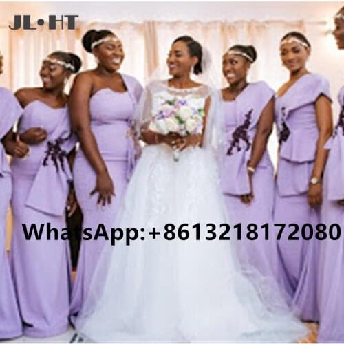 Plus Size One Shoulder Bridesmaid Dress Mermaid Wedding Party Dress for womens Appliques Pleat Satin African Bridesmaid Dresses