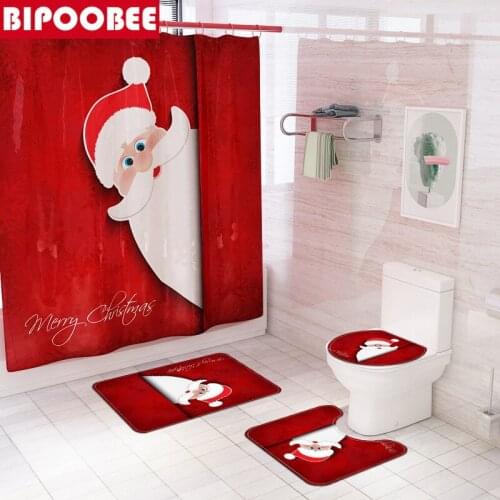 Merry Christmas Shower Curtain with Hooks Santa Claus Bathroom Curtains Set Red Bath Mat Sets Cover Toilet Lid Anti-slip Carpet