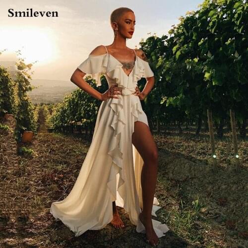 Smileven V Neck Chiffon Wedding Dress A Line Ruffles Spaghetti Straps Wedding Dresses 2022 Bridal Gown Side Split robe de soiree