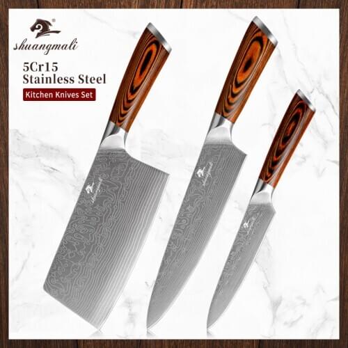 Shuangmali 3PCS Chinese Cleaver Knife Set Laser pattern 5Cr15 Stainless Steel Utility Chef Knives Slicing Meat Kitchen Knife Set