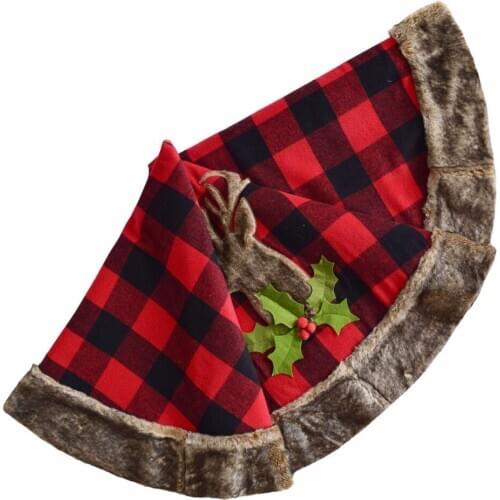 Free shipping 50" Christmas Tree Skirt Buffalo Check Plaid with reindeer faux fur applique embroidey Faux Fur Border