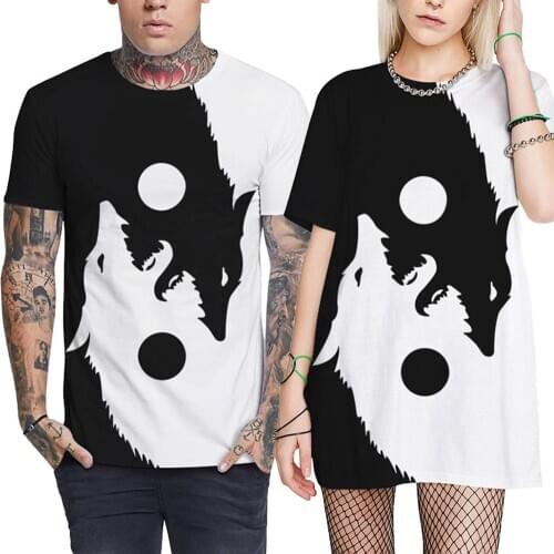 Women Men Fashion O Neck Short Sleeve Yin Yang Wolf Print Loose T-shirt Blouse