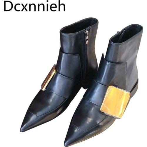 Pointed Toe Ankle Boots For Women Gold Buckle Knight Boots Woman Genuine Leather Flats Boots Runway Shoes Women Short Boots 2021